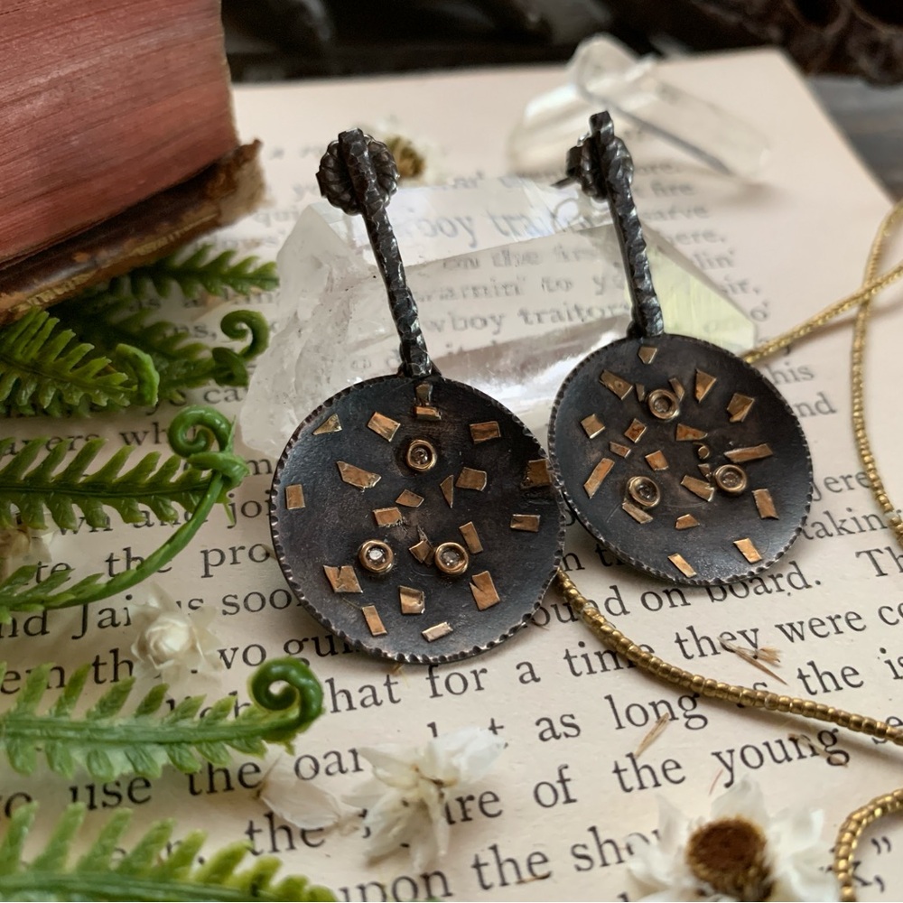 Designer Artisan 18k Gold Diamond Oxidized Sterling Silver Disc Dangle Earrings - Picture 3 of 11